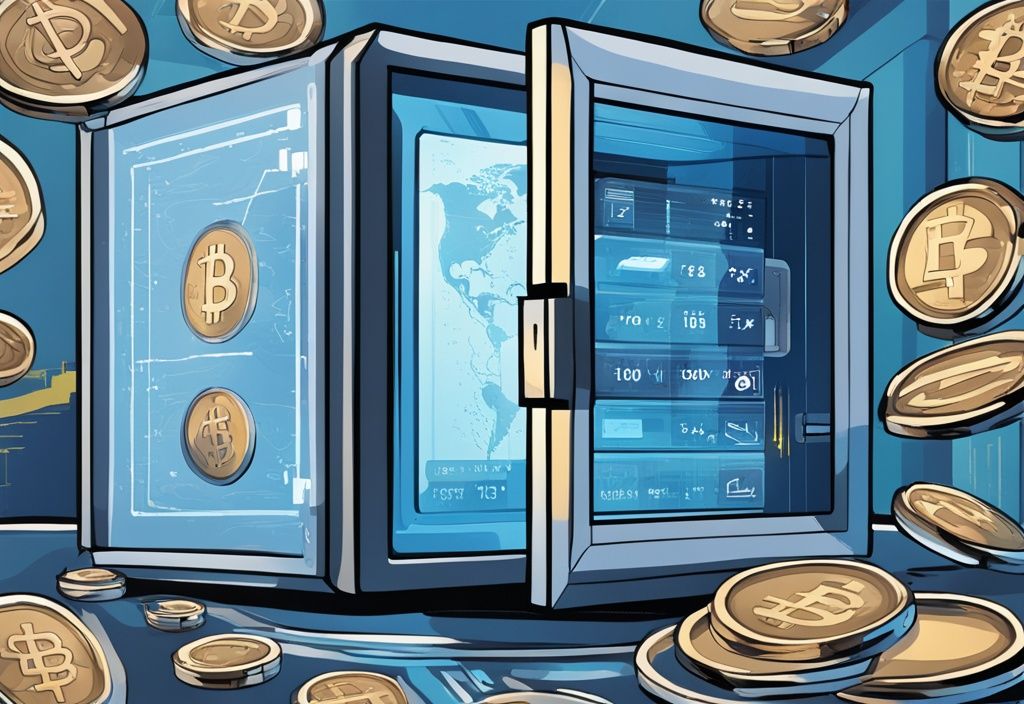 Moderne digitale Illustration in Blau mit digitalen Münzen in einem transparenten Tresor und einem Bildschirm, der ein Diagramm zur Herkunft von Kryptowährungen anzeigt