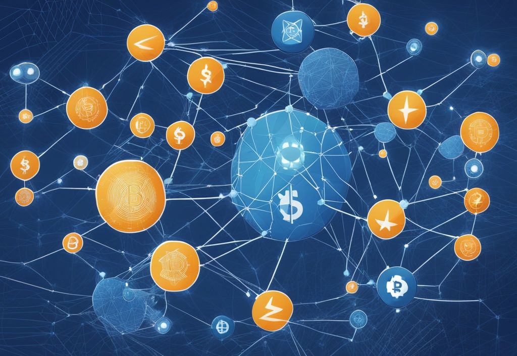 Modernes digitales Gemälde mit blauer Farbtone, zeigt ein Netzwerk von verbundenen Knotenpunkten als digitale Bildschirme mit Symbolen verschiedener Kryptowährungen in einem dezentralen Muster.