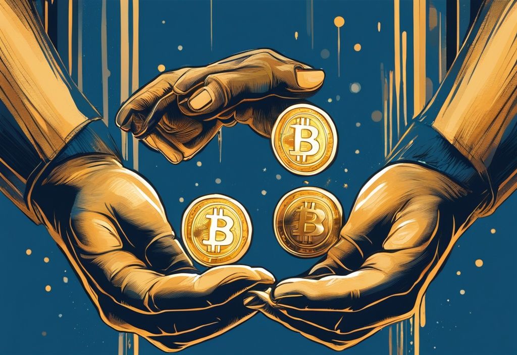 Moderne digitale Malerei mit zwei Händen, die einen leuchtenden, goldenen Bitcoin austauschen, symbolisiert den Bitcoin-Transfer, Hauptfarbe Blau