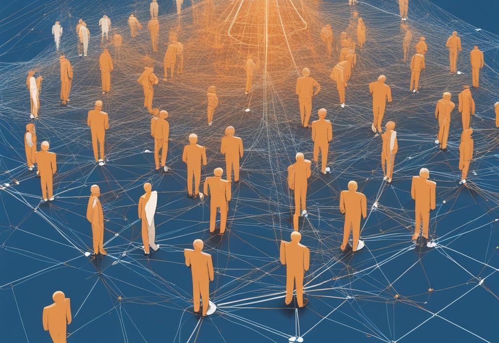 Moderne digitale Malerei mit blauer Farbgebung, zeigt Netzwerkknoten und Linien, mit großem Bitcoin-Logo, das die Frage beantwortet: wie groß ist die Bitcoin Blockchain.