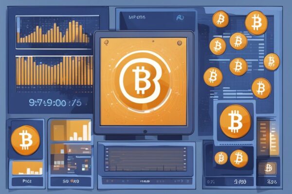 Moderne digitale Malerei mit blauem Farbschema, zeigt einen Bildschirm mit Kryptowährungspaarpreisen und einem erkennbaren Spread zwischen Kauf- und Verkaufspreisen; was ist ein Spread bei Krypto.