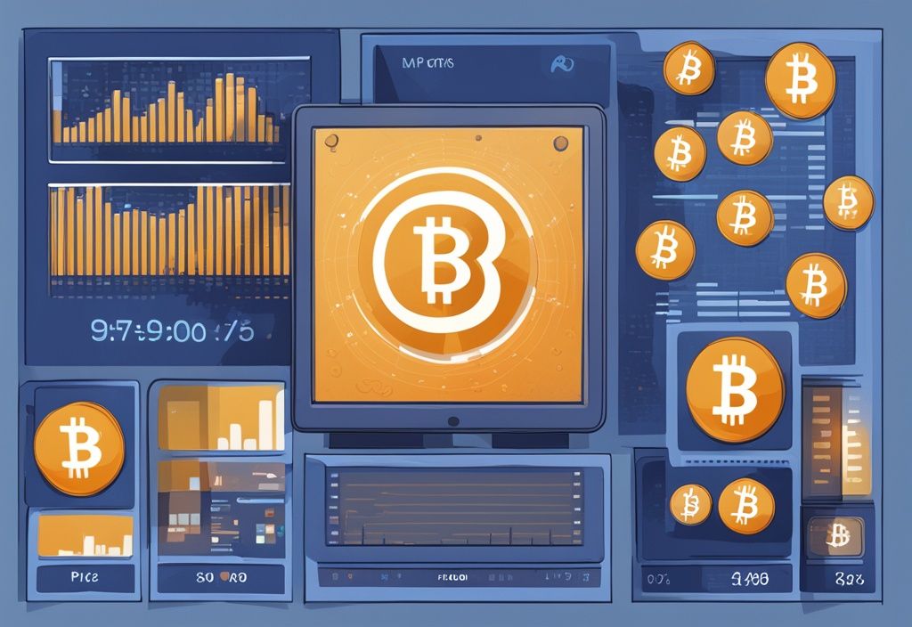 Moderne digitale Malerei mit blauem Farbschema, zeigt einen Bildschirm mit Kryptowährungspaarpreisen und einem erkennbaren Spread zwischen Kauf- und Verkaufspreisen; was ist ein Spread bei Krypto.
