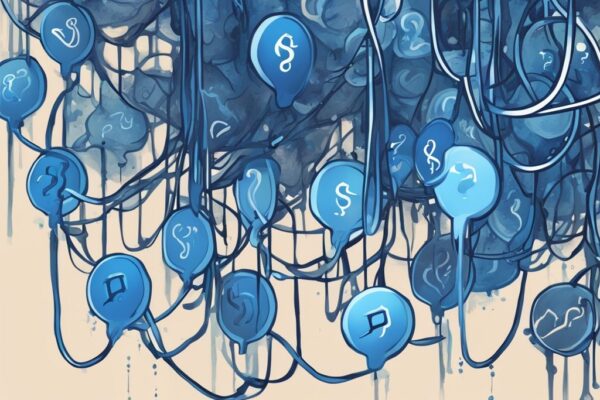 Moderne digitale Illustration des Shibarium-Netzwerks mit fließenden Shib-Token und einem Fragezeichen in der Mitte, das die Frage "was ist Shibarium" darstellt.