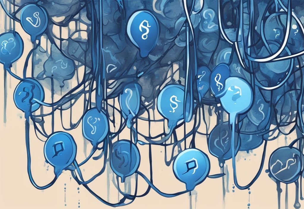 Moderne digitale Illustration des Shibarium-Netzwerks mit fließenden Shib-Token und einem Fragezeichen in der Mitte, das die Frage "was ist Shibarium" darstellt.