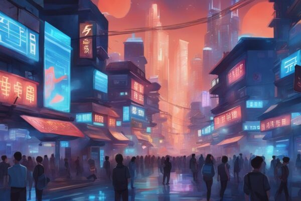 Moderne digitale Malerei einer belebten chinesischen Stadtlandschaft bei Dämmerung mit leuchtenden holografischen Schildern, die verschiedene Kryptowährungen China darstellen.