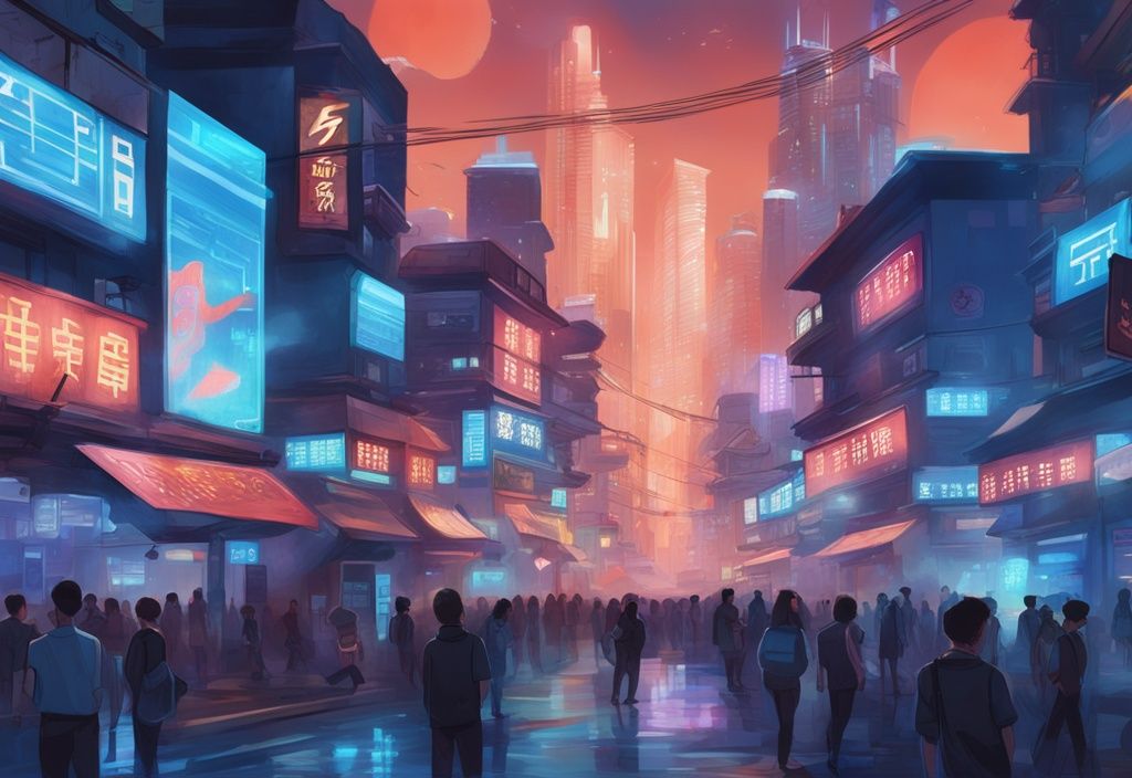 Moderne digitale Malerei einer belebten chinesischen Stadtlandschaft bei Dämmerung mit leuchtenden holografischen Schildern, die verschiedene Kryptowährungen China darstellen.