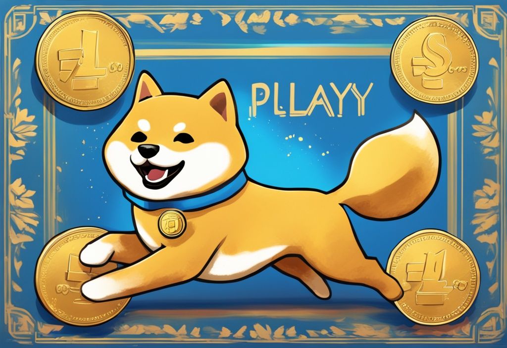 Spielerischer Shiba Inu Hund mit Playdoge Coin im Maul, moderne digitale Illustration in Blau.