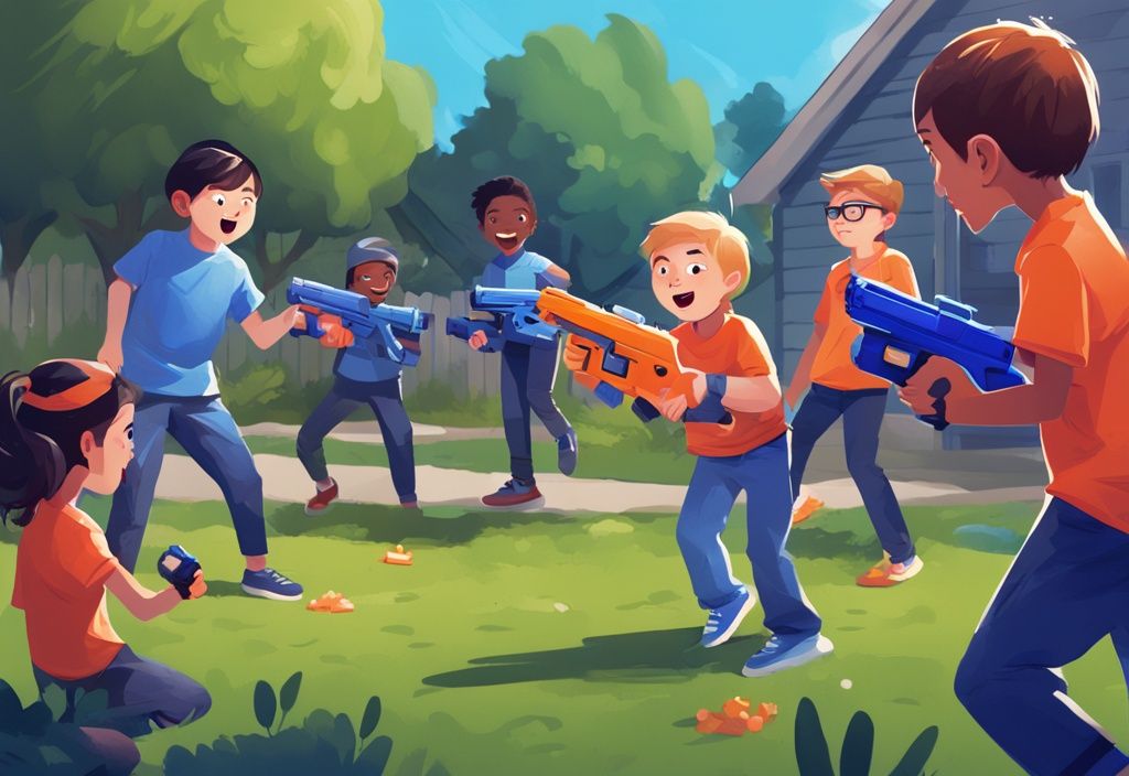 Kinder spielen begeistert im Vorstadtgarten mit Nerf Miner V2 Blastern, digitale moderne Illustration in Blau.