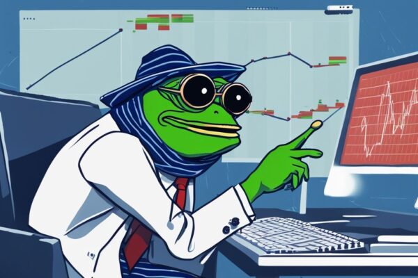 Pepe der Frosch als Börsenanalyst zeigt auf steigende Grafik zur Pepe Coin Prognose.