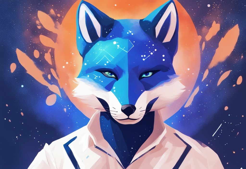 Moderne digitale Malerei mit blauem Farbthema, schwebende MetaMask-Fuchsmaske über hell erleuchtetem Erdball, umgeben von Datenpartikeln im Himmel.