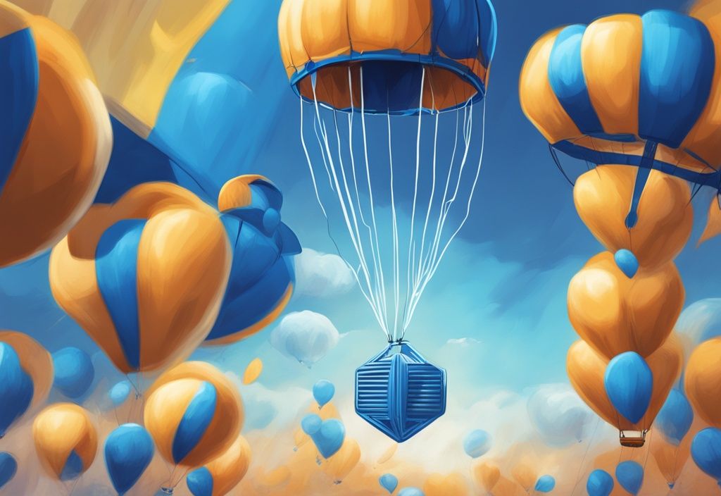 Moderne digitale Malerei mit blauem Thema, realistischer Fallschirm, der digitale Münzen verteilt, Airdrop Krypto Event.