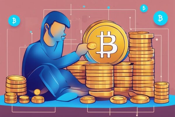 Moderne digitale Malerei mit blauem Farbschema, die digitale Münzen darstellt, die von einer Blockchain-Plattform auf ein traditionelles Bankkonto übergehen, und das Konzept der Blockchain Auszahlung Bankkonto hervorhebt.