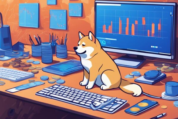 Moderne digitale Malerei mit blauem Farbschema, Meme Coins wie Dogecoin und Shiba Inu auf einem Schreibtisch, Computerbildschirm im Hintergrund zeigt einen cartoonartigen Graphen mit Wertschwankungen, was sind Meme Coins.