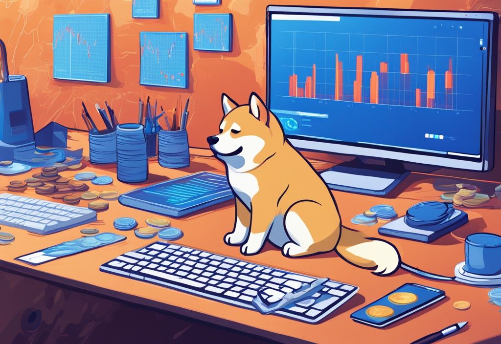 Moderne digitale Malerei mit blauem Farbschema, Meme Coins wie Dogecoin und Shiba Inu auf einem Schreibtisch, Computerbildschirm im Hintergrund zeigt einen cartoonartigen Graphen mit Wertschwankungen, was sind Meme Coins.