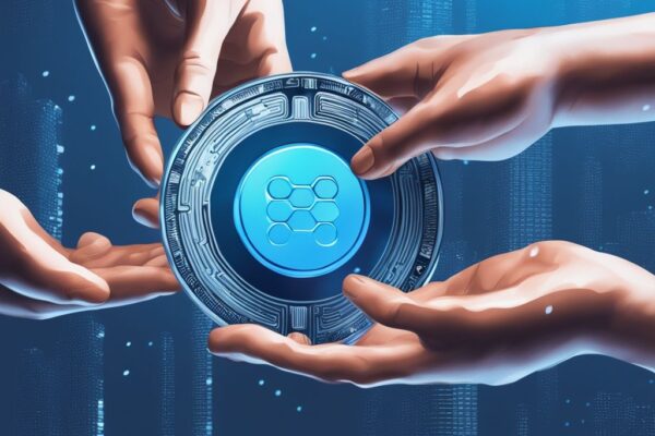 Nahaufnahme eines modernen digitalen Gemäldes mit blauer Farbgebung, das Radix Coins zeigt, die zwischen digitalen Händen übertragen werden und eine Krypto-Transaktion symbolisieren.