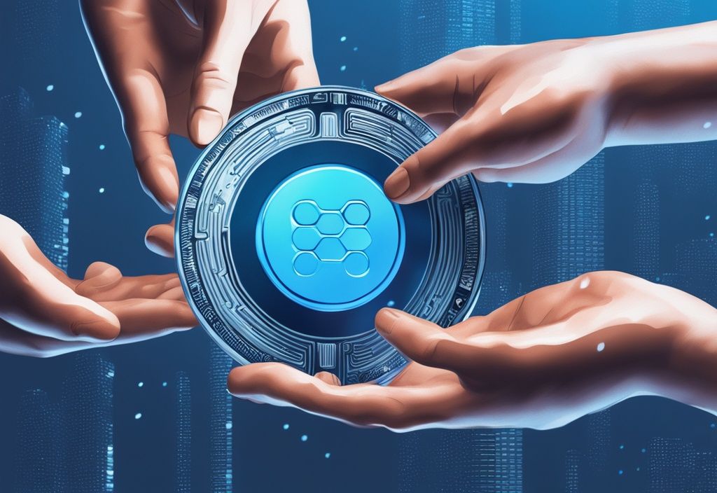 Nahaufnahme eines modernen digitalen Gemäldes mit blauer Farbgebung, das Radix Coins zeigt, die zwischen digitalen Händen übertragen werden und eine Krypto-Transaktion symbolisieren.