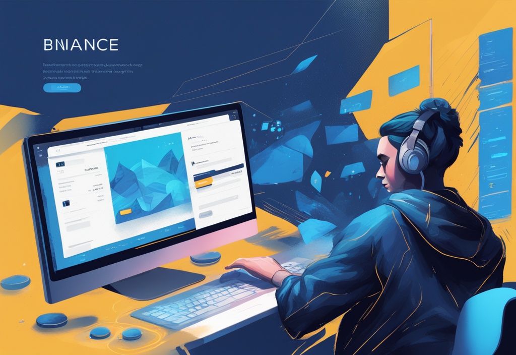 Moderne digitale Illustration in Blau, Person am Computerbildschirm beim Navigieren durch die Binance-Homepage mit hervorgehobenem Registrierungsprozess, Binance Konto eröffnen.