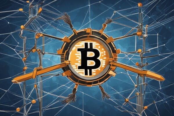 Moderne digitale Illustration in Blau: Konzeptuelle Darstellung des Bitcoin-Minings mit vernetzten Knotenpunkten, digitalem Pickel und komplexem Netzwerk, symbolisierend die Hashrate Bitcoin.