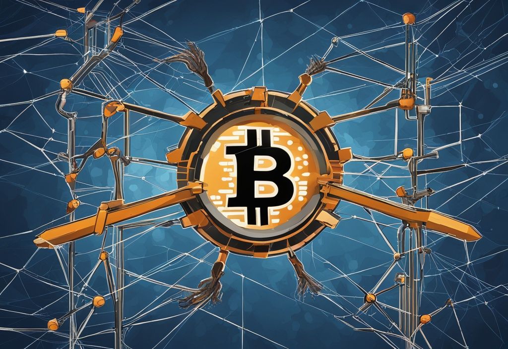 Moderne digitale Illustration in Blau: Konzeptuelle Darstellung des Bitcoin-Minings mit vernetzten Knotenpunkten, digitalem Pickel und komplexem Netzwerk, symbolisierend die Hashrate Bitcoin.