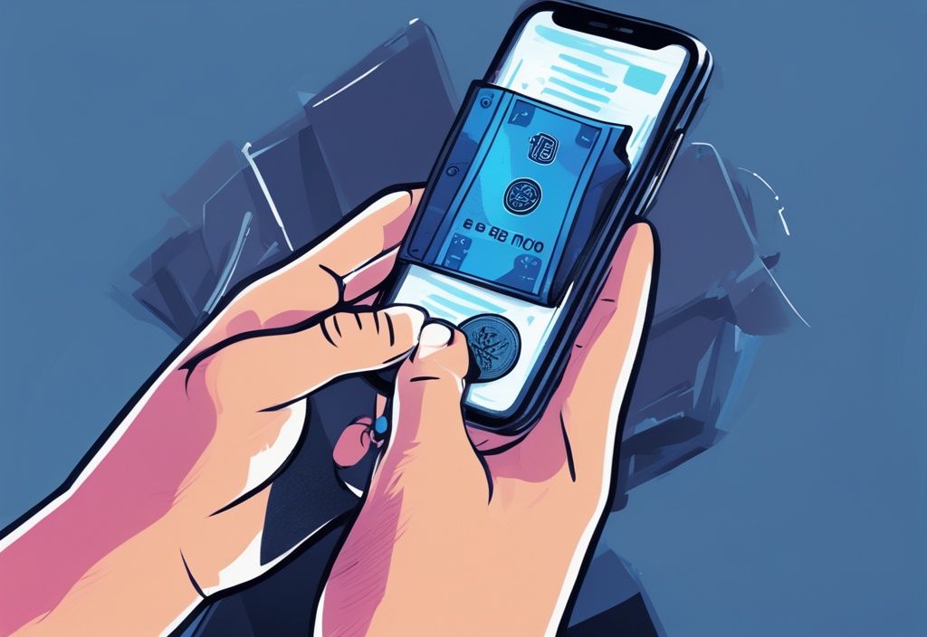 Moderne digitale Illustration mit blauer Farbgebung, Hände halten Smartphone mit Krypto-Wallet-App, 100 Euro in Krypto investieren durch Umwandlung in Bitcoin.