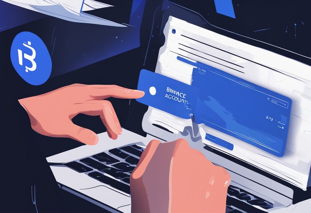 Moderne digitale Malerei mit blauem Farbschema, Hand zeigt auf "Konto eröffnen" Button auf der Binance-Website.