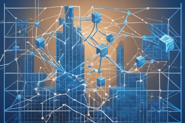Moderne digitale Illustration mit blauem Farbschema, die ein Netzwerk von Blockchain-Blöcken und einen bullischen Aktienchart darstellt, um den Blockchain-ETF sinnvoll zu symbolisieren.