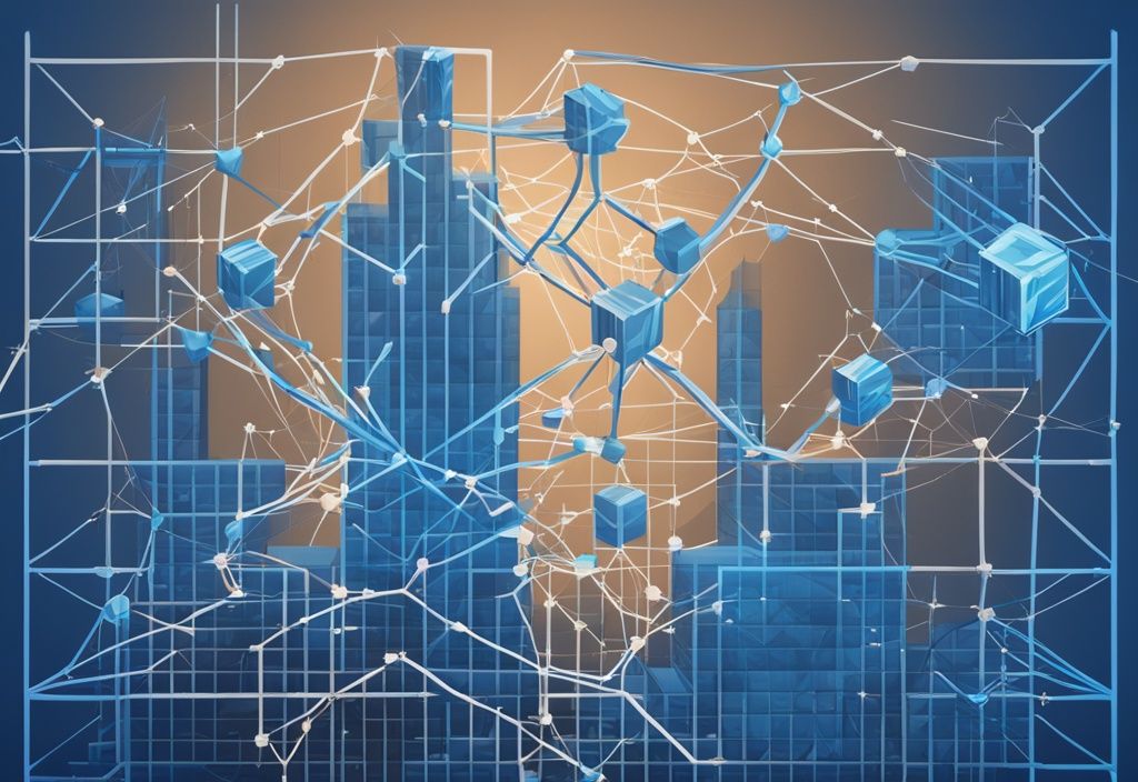 Moderne digitale Illustration mit blauem Farbschema, die ein Netzwerk von Blockchain-Blöcken und einen bullischen Aktienchart darstellt, um den Blockchain-ETF sinnvoll zu symbolisieren.