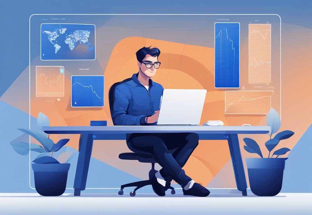 Moderner digitaler Gemäldeillustration eines selbstbewussten Blockchain-Entwicklers an einem modernen Arbeitsplatz mit einem digitalen Bildschirm, der ein hohes Gehaltsdiagramm zeigt.