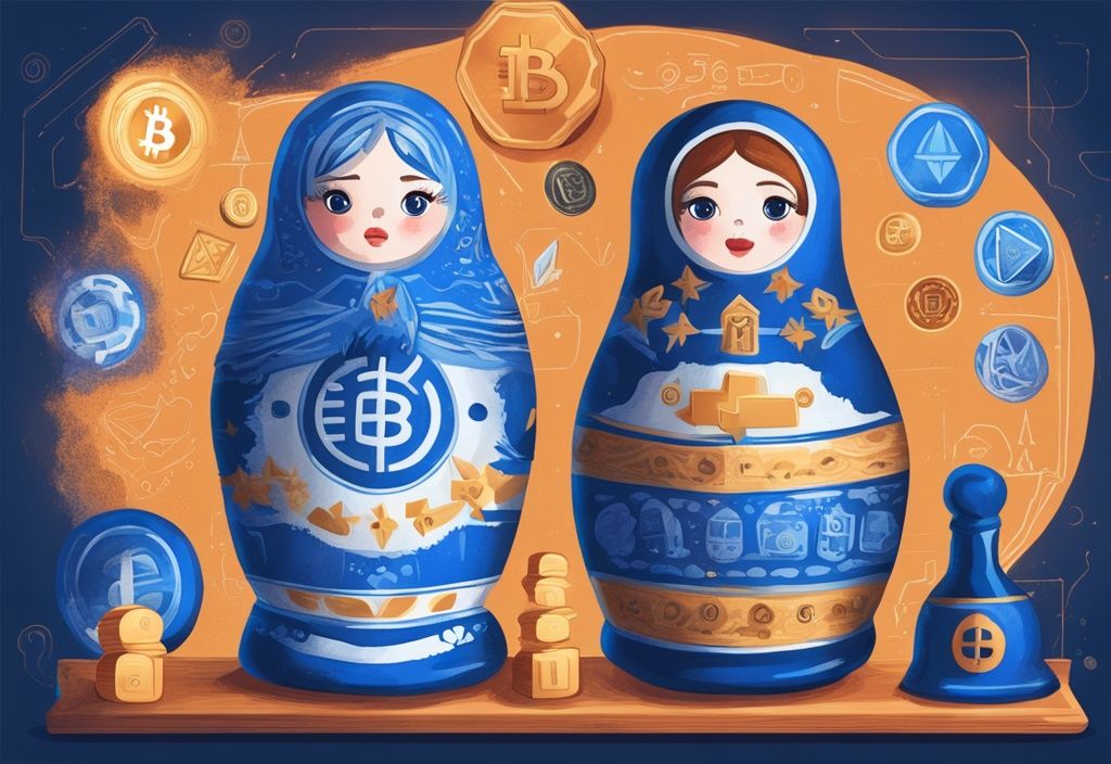 Moderne digitale Malerei mit blauem Farbschema, zeigt eine russische Matroschka-Puppe, die sich öffnet und Symbole von Kryptowährungen wie Bitcoin und Ethereum enthüllt.