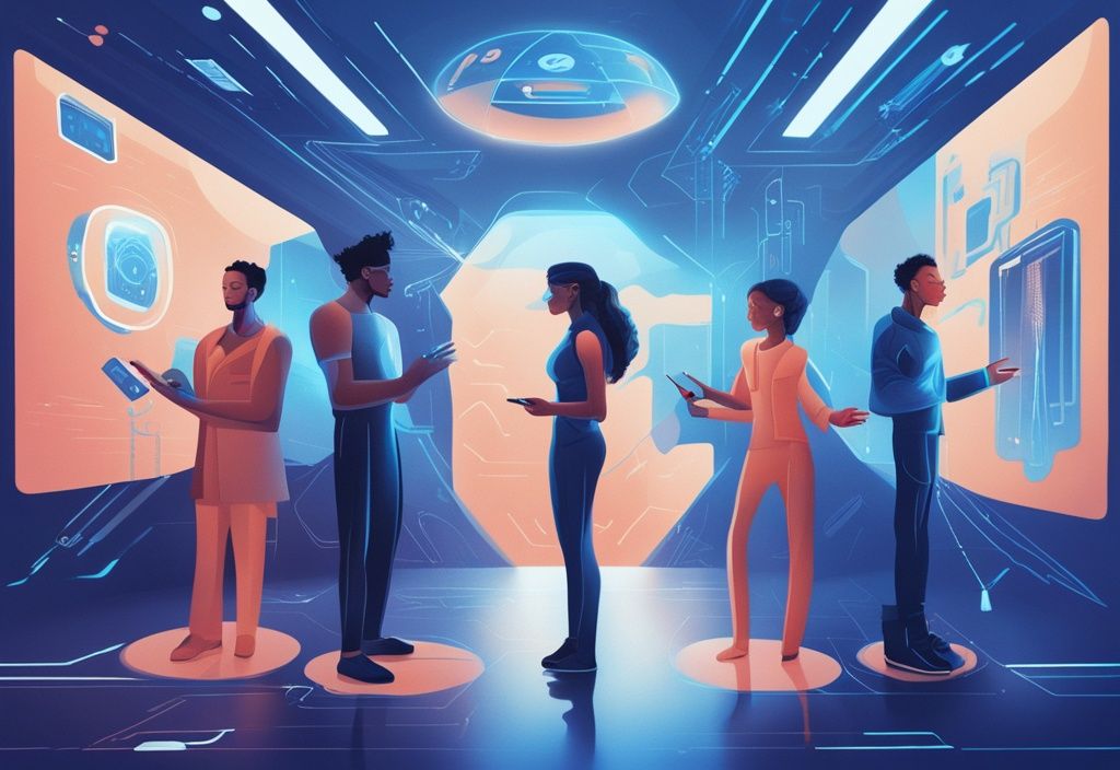 Moderne digitale Malerei, blaue Farbthematik, diverse Personen interagieren mit futuristischer Benutzeroberfläche, symbolisiert DeFi-Ökosystem