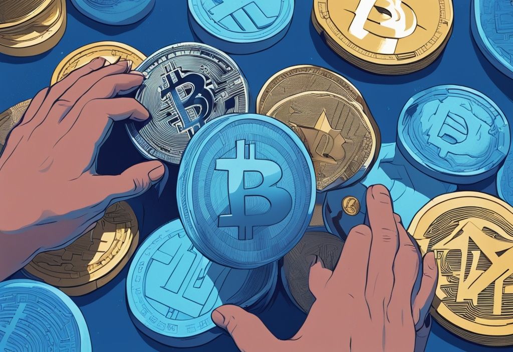 Moderne digitale Malerei, Person hält fest physische Repliken verschiedener Kryptowährungen, im Hintergrund laut und fett "HODL" eingraviert.