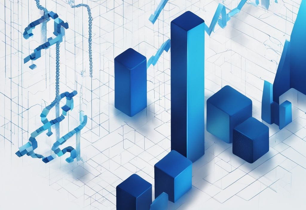 Moderne digitale Illustration in Blau, zeigt eine Kette aus Blöcken über einem aufsteigenden Aktienmarktgraphen, symbolisiert die vielversprechende Prognose von Argo Blockchain.