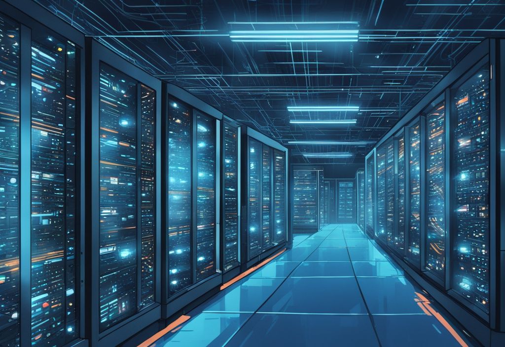 Moderne digitale Malerei eines weitläufigen Serverraums mit blauen Farbtönen, gefüllt mit Reihen von Hochleistungskomputern und leuchtenden Lichtern, die die digitale Stärke der größten Krypto-Börse symbolisieren.