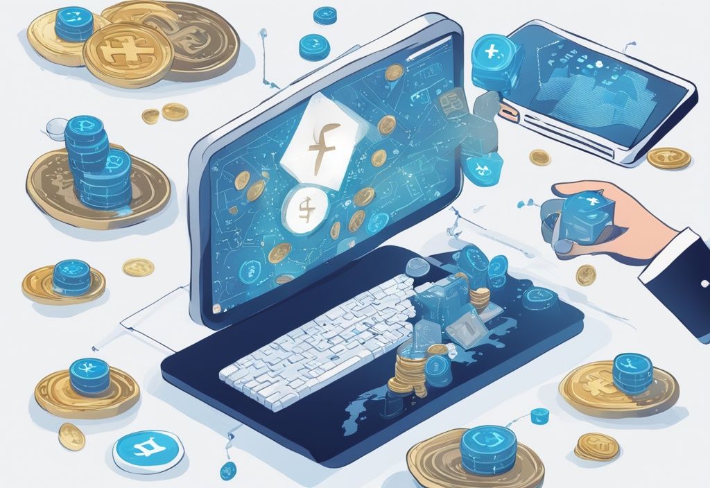 Moderne digitale Illustration mit Blau als Hauptfarbe, zeigt eine Karte von Österreich mit Blockchain-Bildern und Kryptowährungsmünzen, während eine Figur Krypto Steuern Österreich auf einem digitalen Bildschirm berechnet.