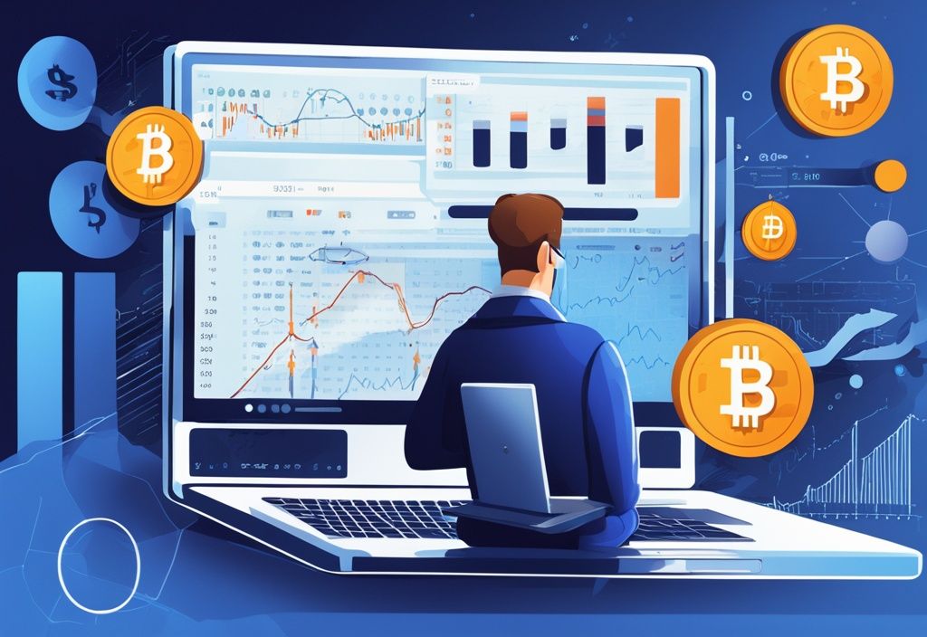 Moderne digitale Malerei mit blauem Farbschema, Laptop-Bildschirm zeigt benutzerfreundliche Oberfläche eines Krypto-Steuer-Tools mit Daten-Grafiken, Krypto-Symbolen und Steuerberechnungen.