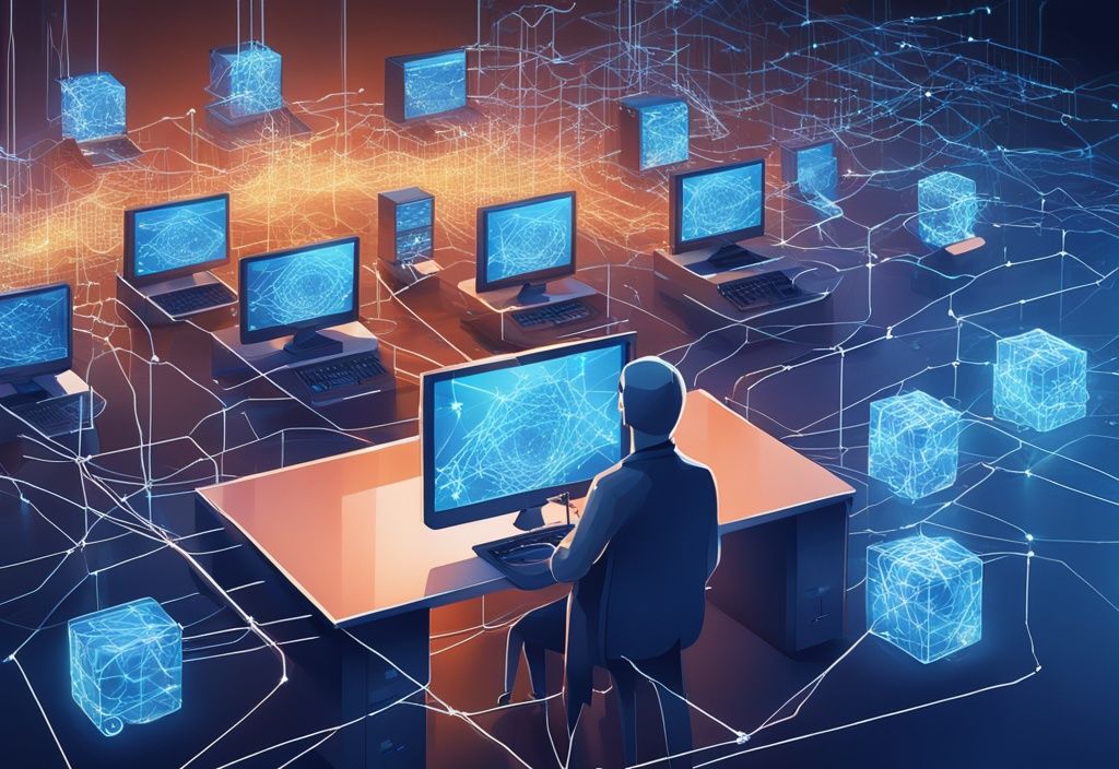 Moderne digitale Illustration eines Netzwerks von Computern, die Daten verarbeiten und die Hashrate im Kryptowährungs-Mining symbolisieren, mit blauem Farbschema.