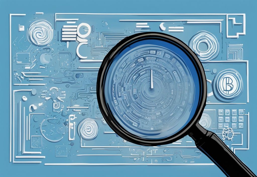 Moderne digitale Malerei mit blauem Farbschema, Lupe schwebt über einem Bildschirm mit komplexer Krypto-Wallet-Adresse