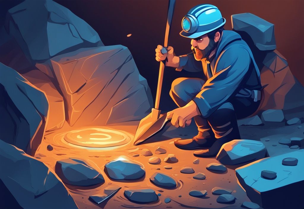 Moderner digitaler Malerei-Illustration eines Minenarbeiters mit Spitzhacke, der eine leuchtende Münze aus einem großen Felsen mit der Aufschrift "BTC" extrahiert; daneben eine fließende Sanduhr, die den Zeitverlauf symbolisiert, Hauptfarbthema Blau.