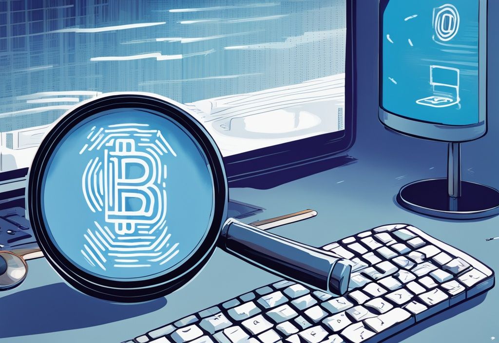 Moderne digitale Malerei mit blauem Farbschema, Lupe über einem digitalen Bildschirm mit komplexer Kryptowallet-Adresse