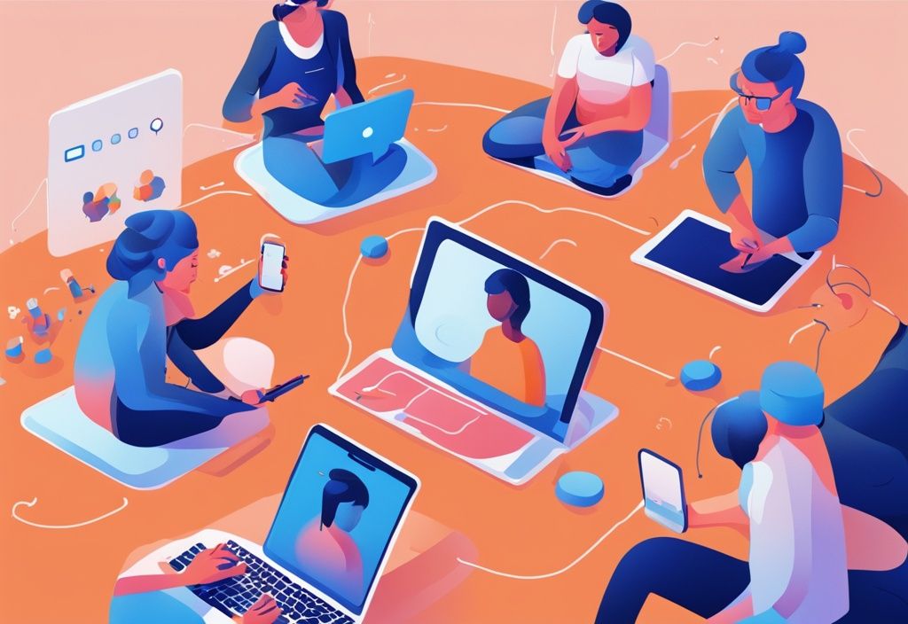 Moderne digitale Illustration in Blau, die verschiedene Nutzer zeigt, die mit der Getquin-App auf verschiedenen Geräten interagieren und unterschiedliche emotionale Zustände darstellen.