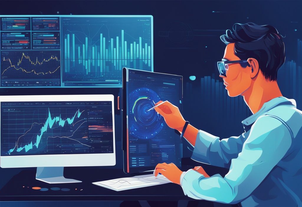 Moderne digitale Malerei eines angehenden Investors, der Kryptowährungsgrafiken auf einem Computerbildschirm studiert, Hauptfarbthema Blau