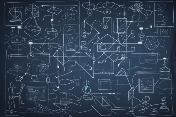 Moderne digitale Malerei mit blauem Farbschema, zeigt eine vereinfachte Kreidezeichnung auf einer Tafel, die verschiedene verbundene Blöcke, mathematische Symbole und kurze Erklärungen zur Veranschaulichung des Blockchain-Prozesses darstellt. Blockchain einfach erklärt.