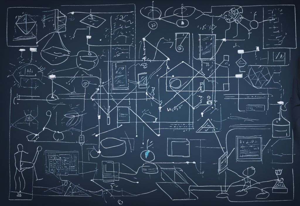 Moderne digitale Malerei mit blauem Farbschema, zeigt eine vereinfachte Kreidezeichnung auf einer Tafel, die verschiedene verbundene Blöcke, mathematische Symbole und kurze Erklärungen zur Veranschaulichung des Blockchain-Prozesses darstellt. Blockchain einfach erklärt.
