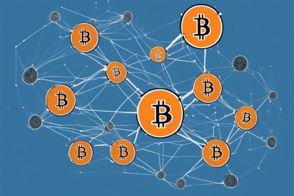 Moderne digitale Malerei mit blauem Farbschema, die ein Netzwerk von miteinander verbundenen Knoten darstellt, jeder trägt eine Kopie der gesamten Bitcoin-Blockchain, was einen Full Node Bitcoin symbolisiert.