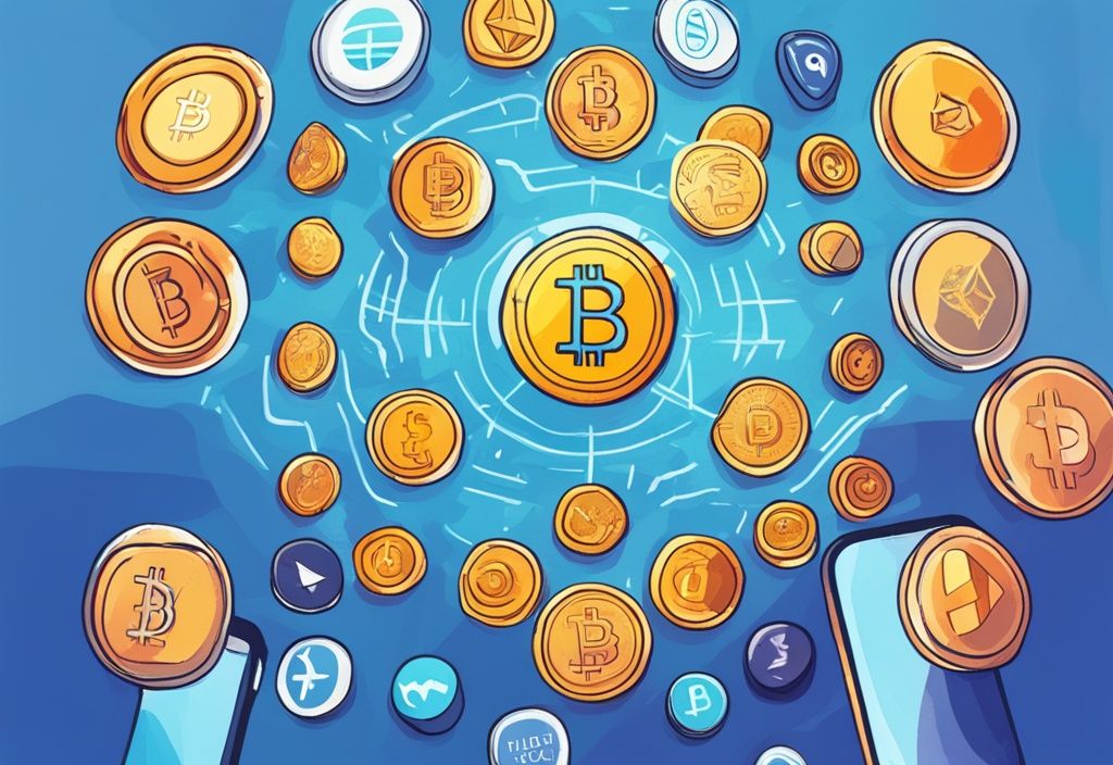 Moderne digitale Illustration mit blauem Farbschema, die verschiedene beliebte und aufstrebende Kryptowährungs-Apps auf dem Bildschirm eines modernen Smartphones zeigt; welche App für Krypto