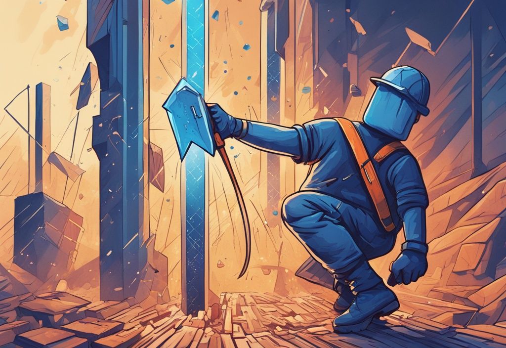 Moderner digitaler Malerei-Illustration eines Minenarbeiters mit Spitzhacke, der an einer riesigen digitalen Blockchain-Wand arbeitet, mit einem Ticker oben, der eine zunehmende Zeitdauer anzeigt, um die Frage "wie lange dauert es einen Bitcoin zu minen" zu veranschaulichen.