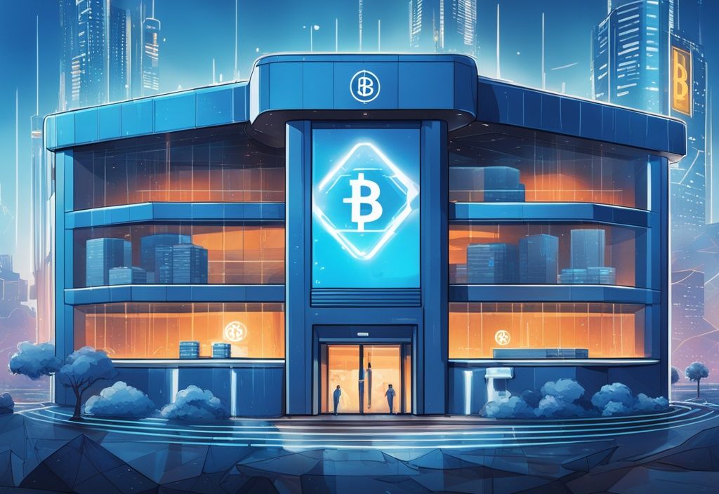 Moderne digitale Malerei mit einem modernen Gebäude und dem Logo einer fiktiven deutschen Kryptobank, umgeben von futuristischen digitalen Symbolen für Kryptowährungen wie Bitcoin und Ethereum, Hauptfarbe Blau.