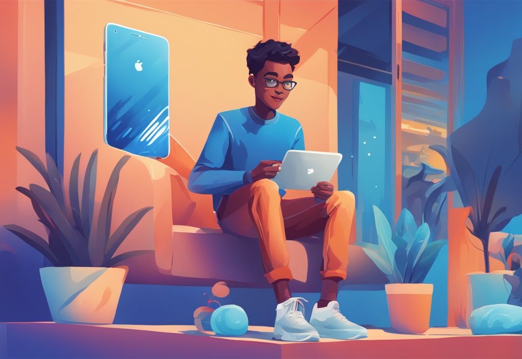 Junger Mensch nutzt die Getquin App auf Smartphone, zeigt Zufriedenheit und Erfolg, moderne digitale Illustration, blaue Farbtöne – Getquin Erfahrungen.