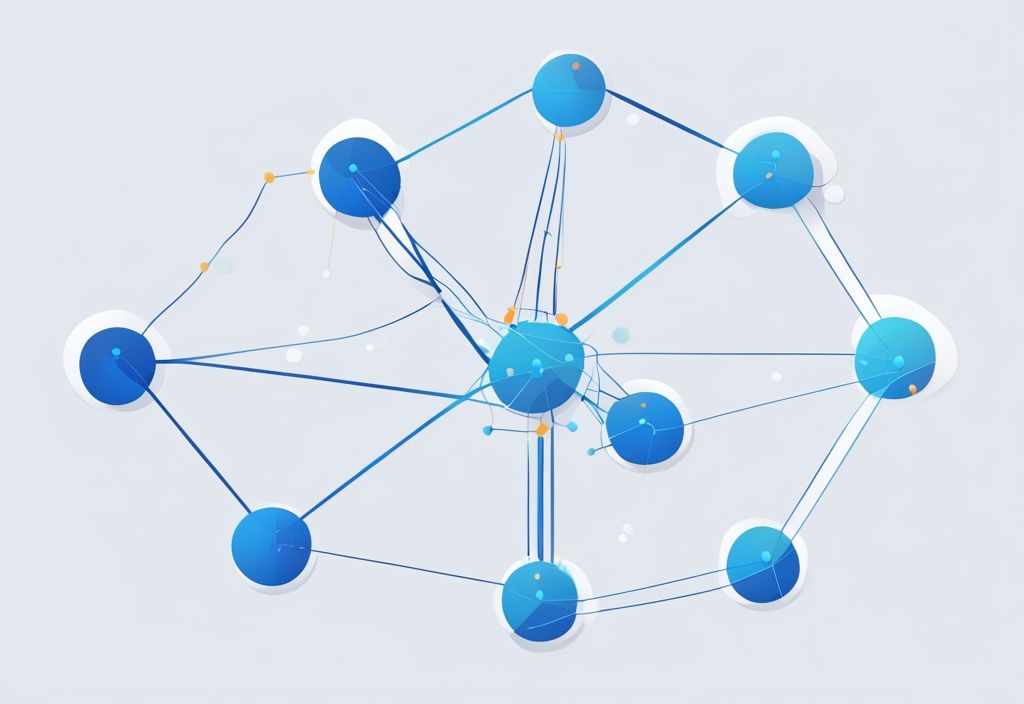 Moderne digitale Malerei mit blauem Farbschema, zeigt ein Netzwerkdiagramm mit dem zentralen Knoten "MyNode" und anderen verbundenen Knoten.