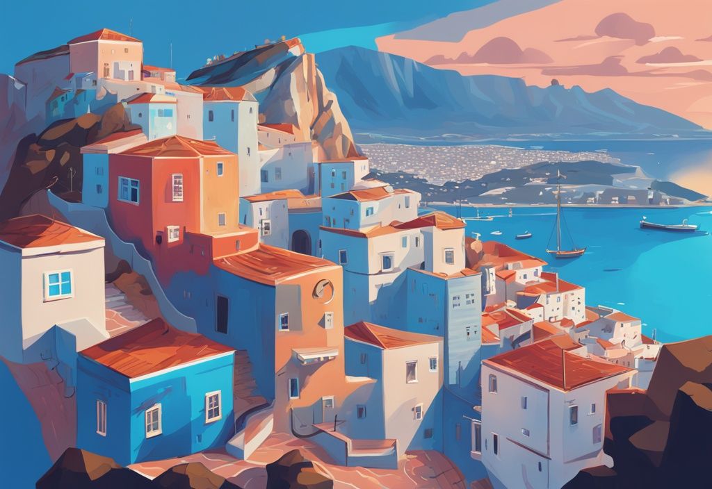 Moderne digitale Malerei, Stadtbild mit dem Felsen von Gibraltar, Kryptowährungen und Steuersymbolen, Hauptfarbe Blau